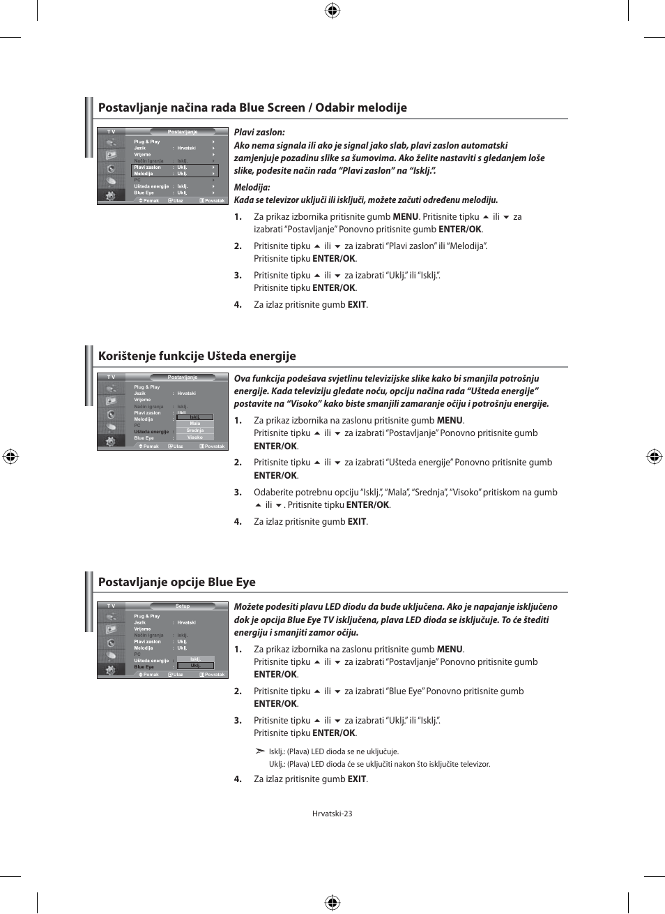Korištenje funkcije ušteda energije, Postavljanje opcije blue eye | Samsung LE40M91B User Manual | Page 295 / 363