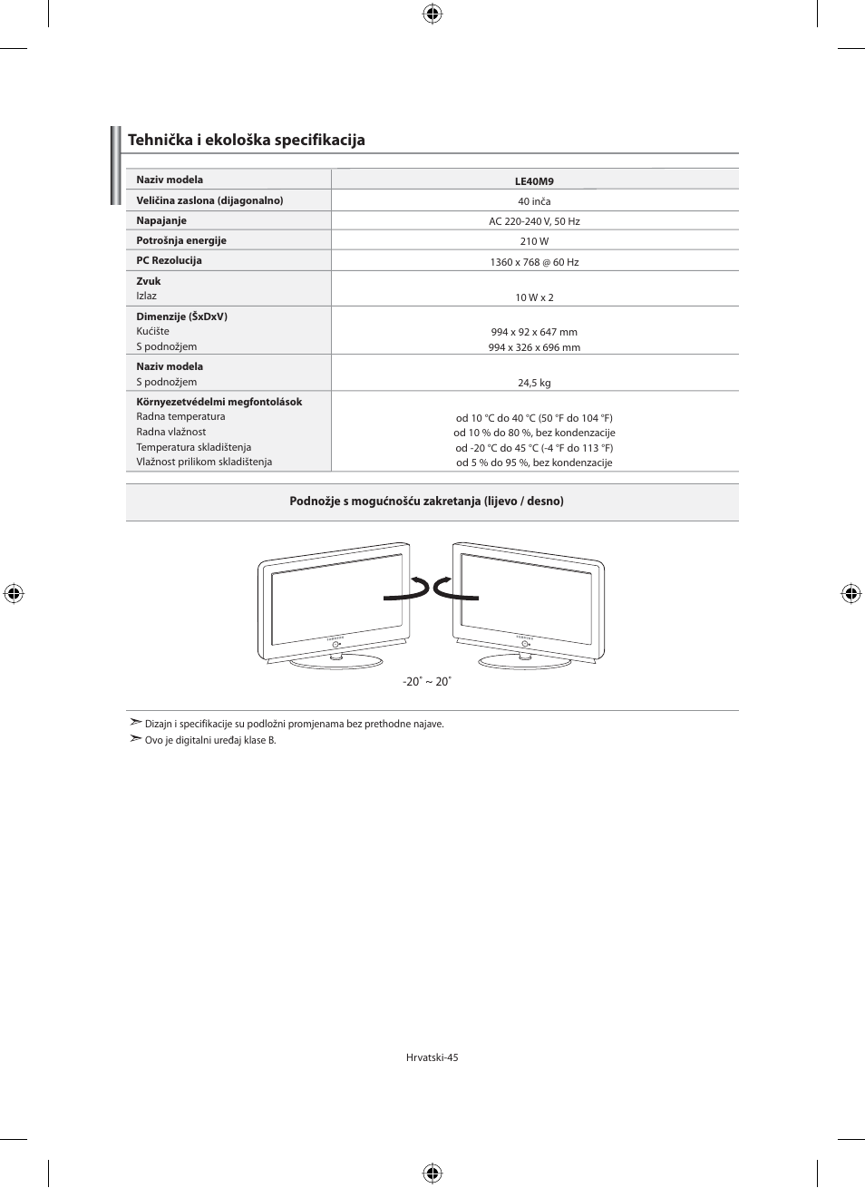 Tehnička i ekološka specifikacija | Samsung LE40M91B User Manual | Page 317 / 363