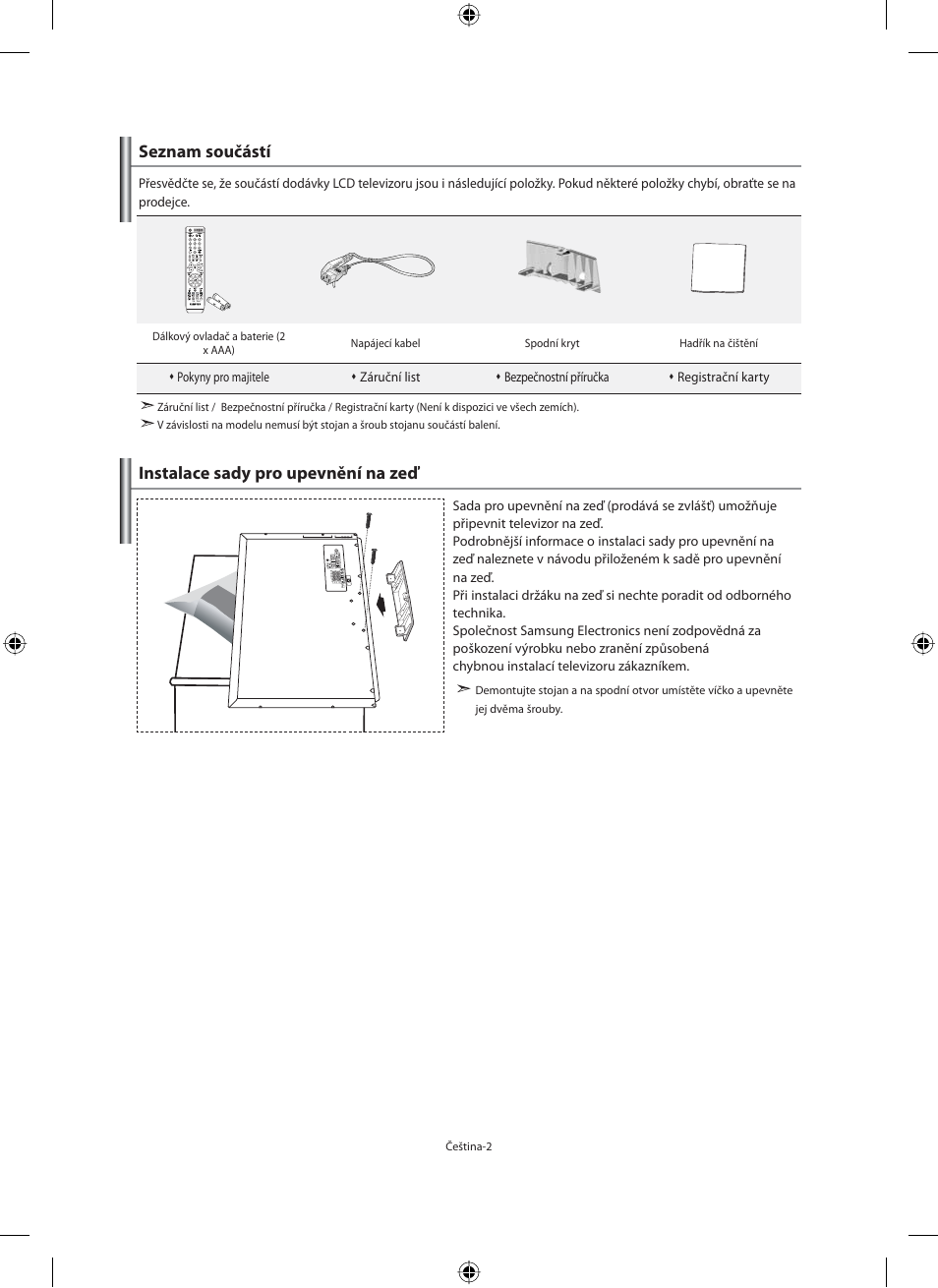 Seznam součástí instalace sady pro upevnění na zeď | Samsung LE40M91B User Manual | Page 319 / 363