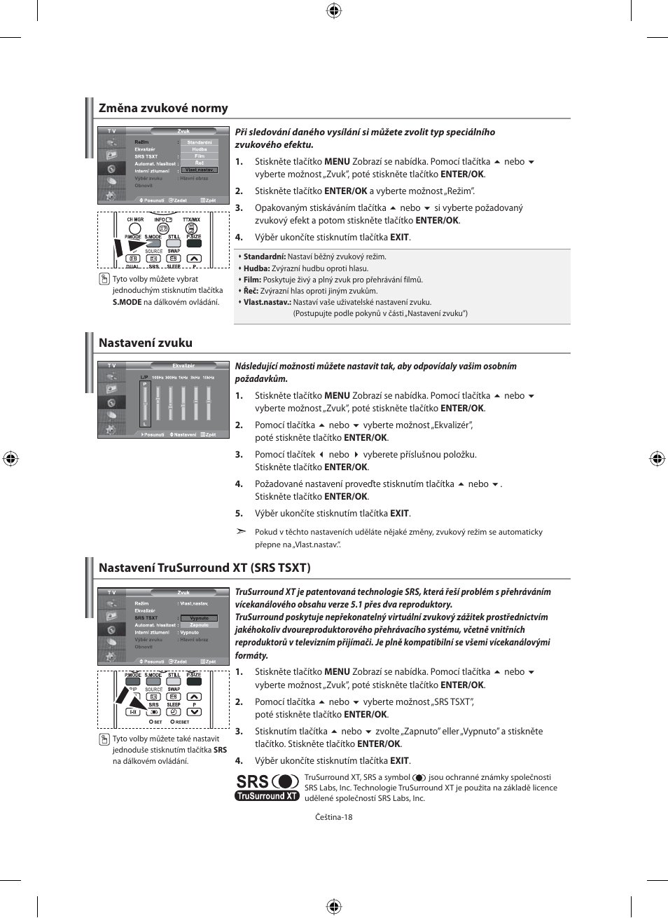 Změna zvukové normy, Nastavení zvuku, Nastavení trusurround xt (srs tsxt) | Samsung LE40M91B User Manual | Page 335 / 363