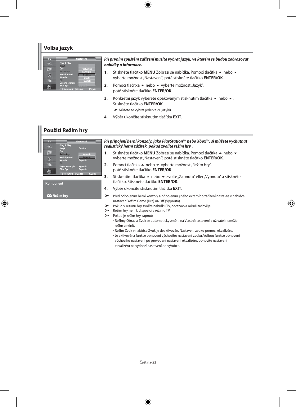 Volba jazyk použití režim hry | Samsung LE40M91B User Manual | Page 339 / 363