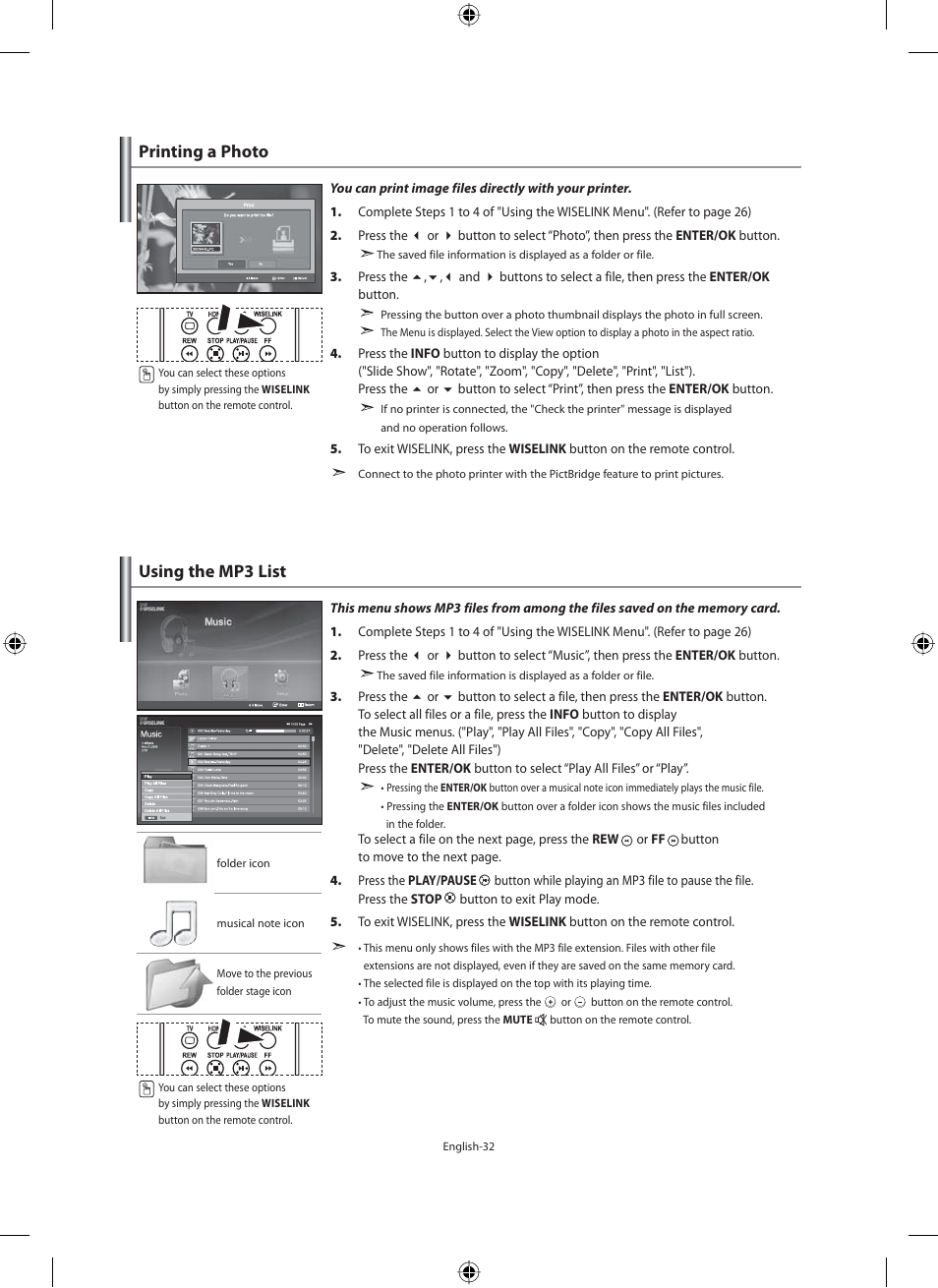 Printing a photo, Using the mp3 list | Samsung LE40M91B User Manual | Page 34 / 363