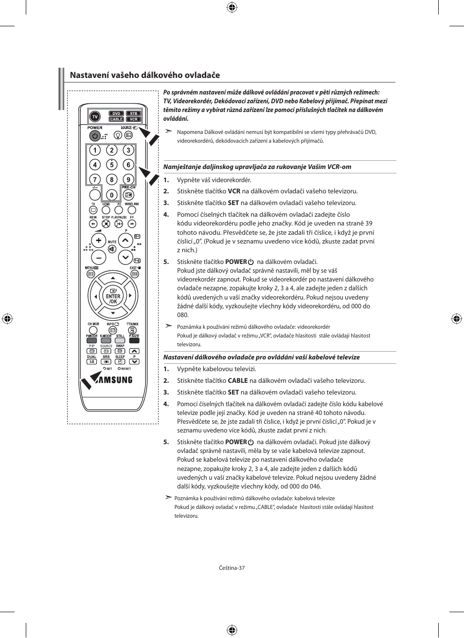Nastavení vašeho dálkového ovladače | Samsung LE40M91B User Manual | Page 354 / 363