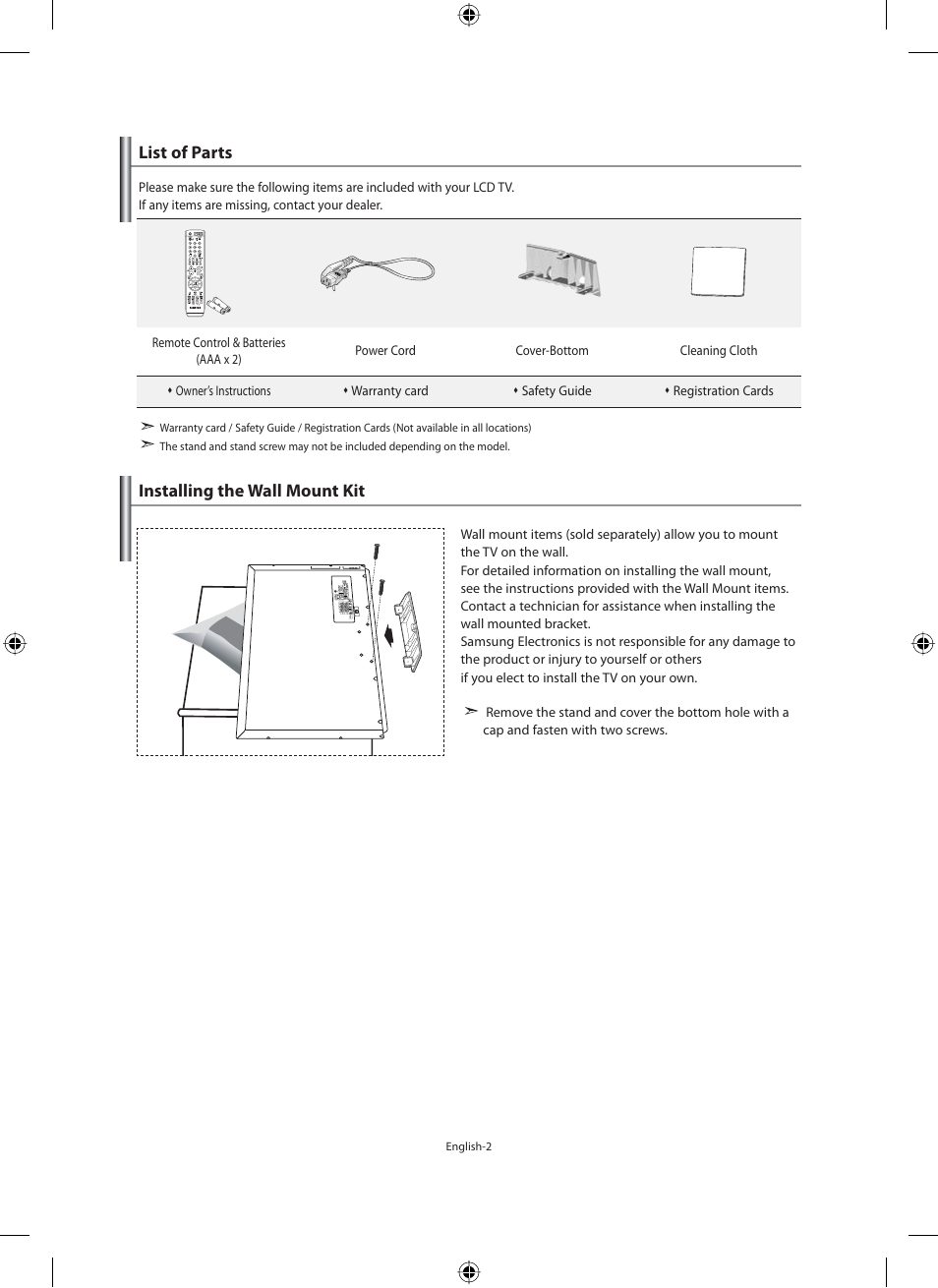 Connecting and preparing your tv, List of parts, Installing the wall mount kit | Samsung LE40M91B User Manual | Page 4 / 363