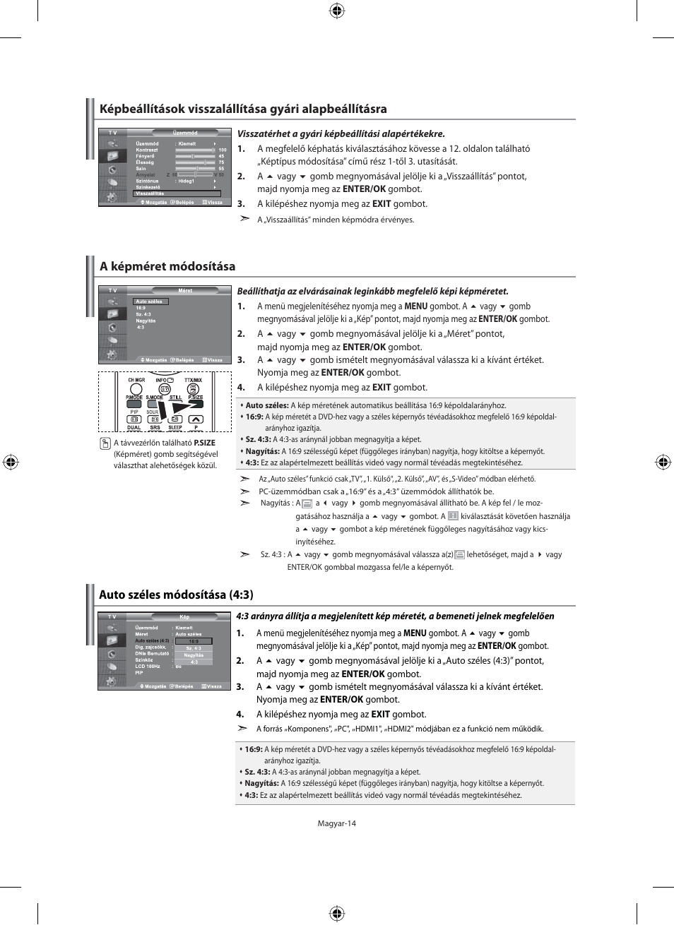 A képméret módosítása, Auto széles módosítása (4:3) | Samsung LE40M91B User Manual | Page 61 / 363