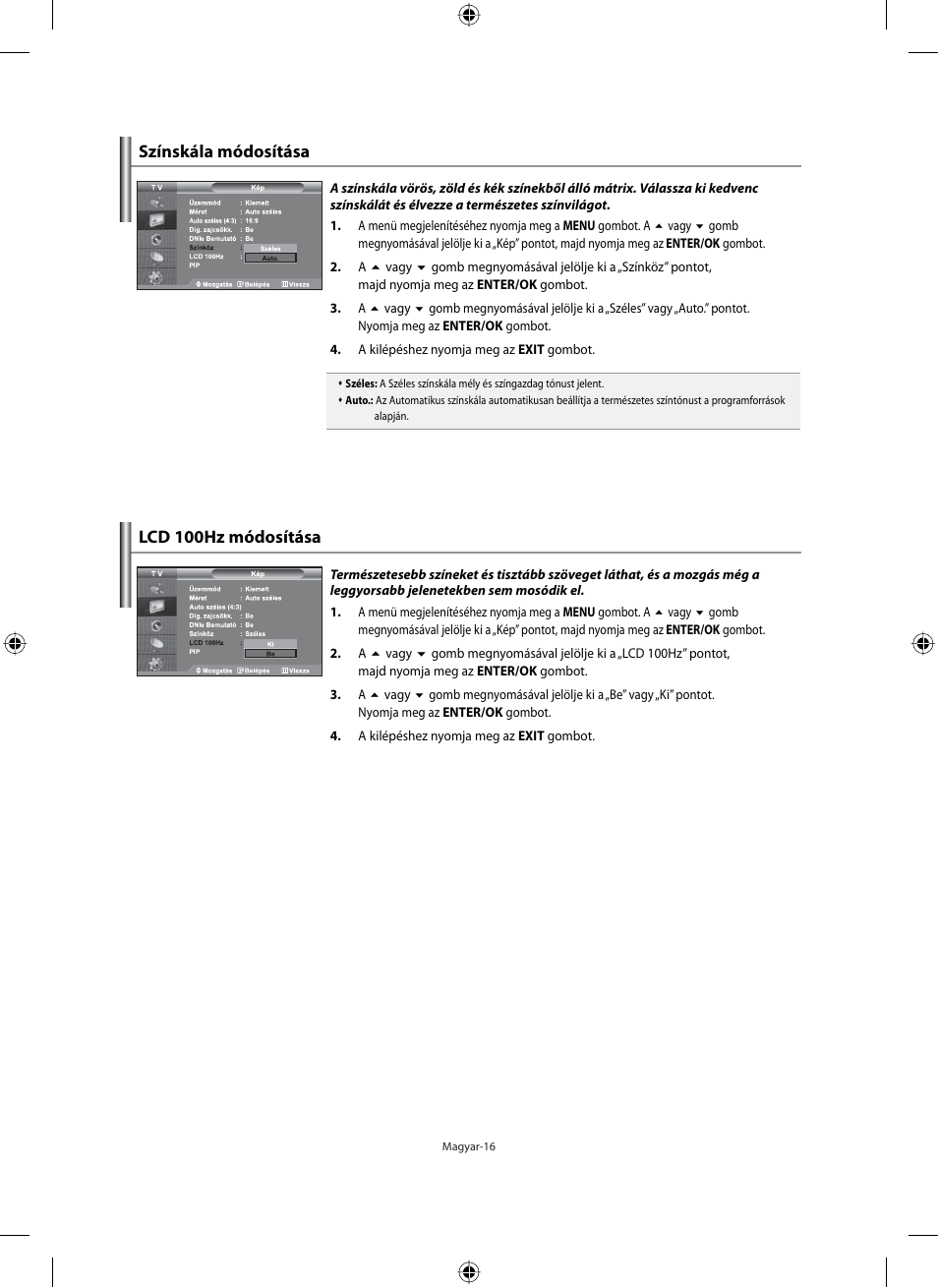 Lcd 100hz módosítása, Színskála módosítása | Samsung LE40M91B User Manual | Page 63 / 363