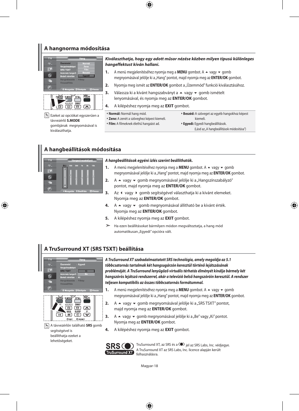 A hangnorma módosítása, A hangbeállítások módosítása, A trusurround xt (srs tsxt) beállítása | Samsung LE40M91B User Manual | Page 65 / 363