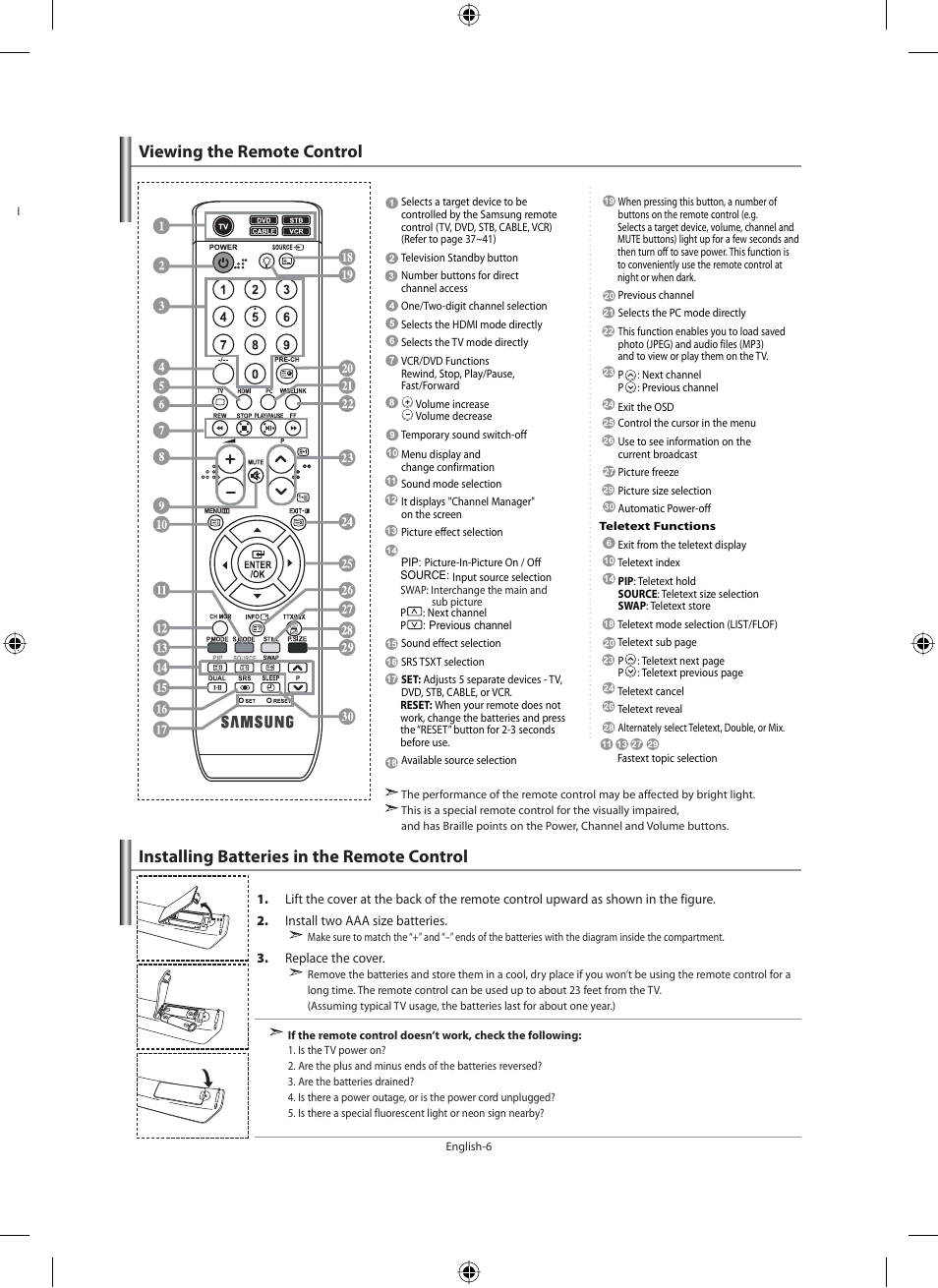 Viewing the remote control, Installing batteries in the remote control | Samsung LE40M91B User Manual | Page 8 / 363