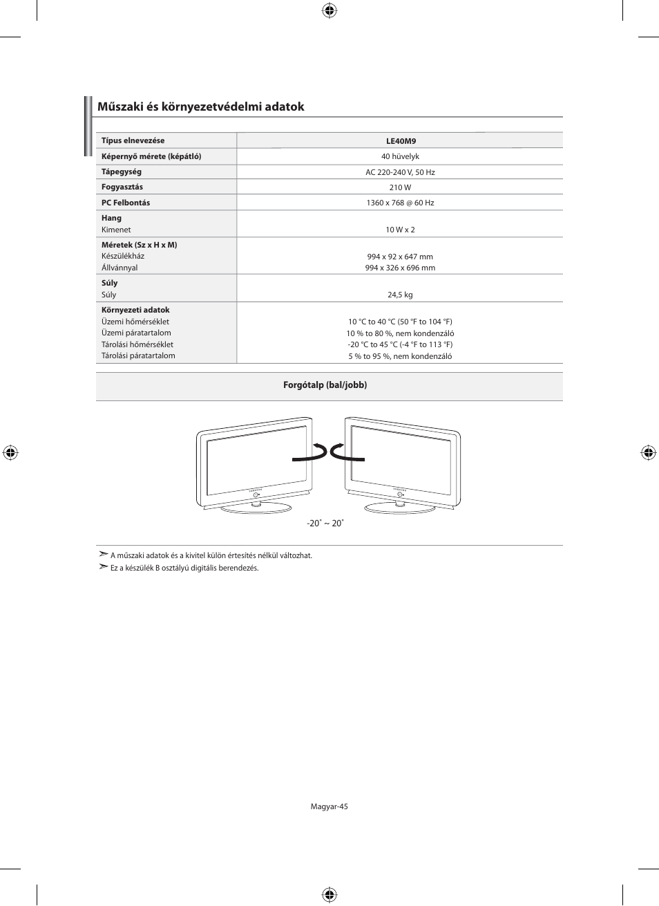 Műszaki és környezetvédelmi adatok | Samsung LE40M91B User Manual | Page 92 / 363