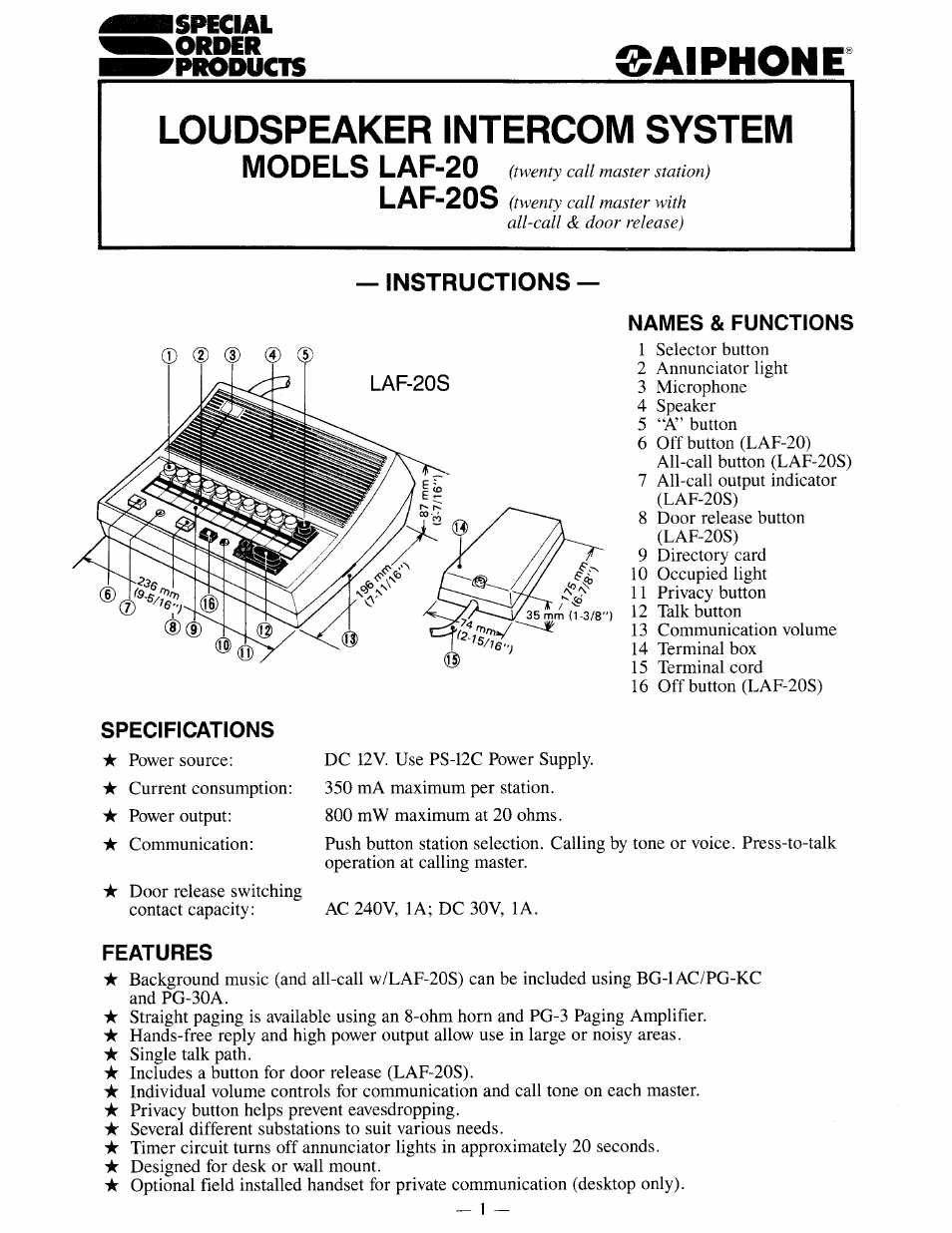 Aiphone LAF-20 User Manual | 8 pages