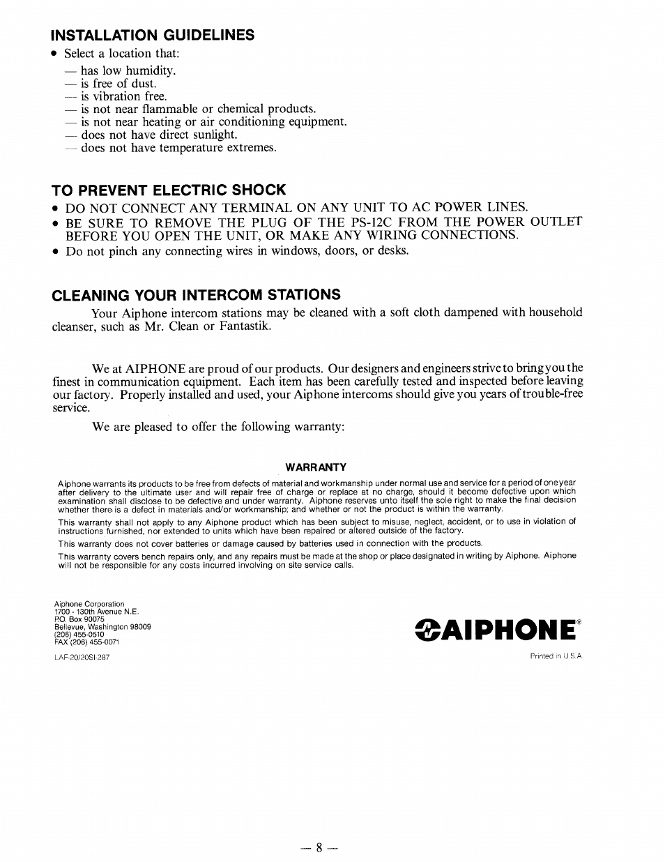 Al phone | Aiphone LAF-20 User Manual | Page 8 / 8