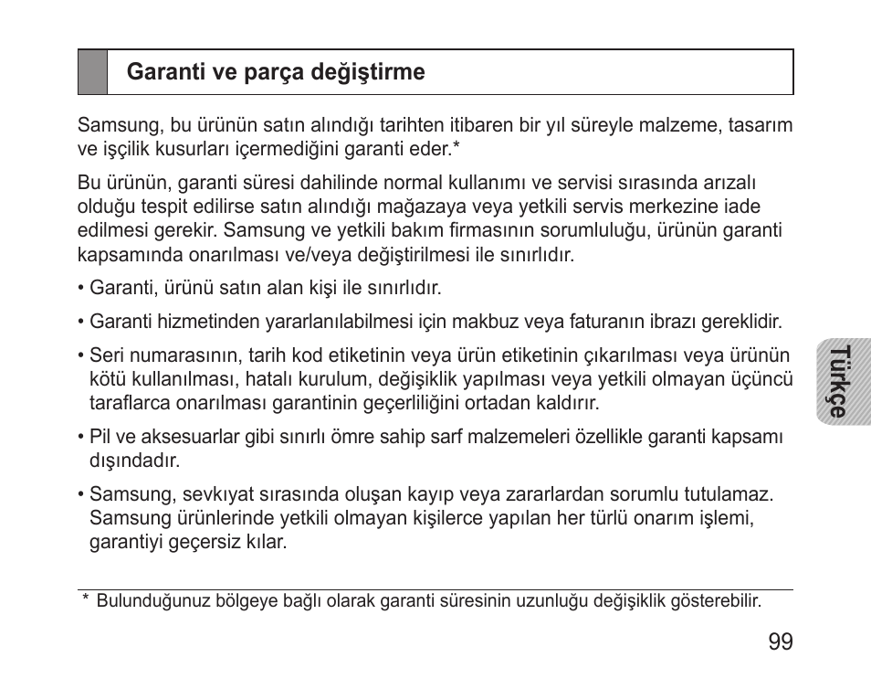 Garanti ve parça değiştirme, Türkçe | Samsung BHM1000 User Manual | Page 101 / 158