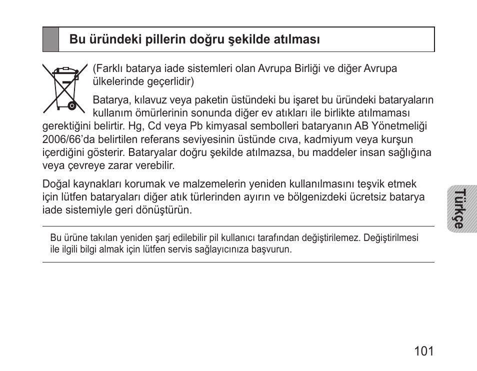 Bu üründeki pillerin doğru şekilde atılması, Türkçe | Samsung BHM1000 User Manual | Page 103 / 158