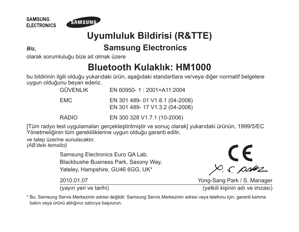 Uyumluluk bildirisi (r&tte), Bluetooth kulaklık: hm1000, Samsung electronics | Samsung BHM1000 User Manual | Page 105 / 158