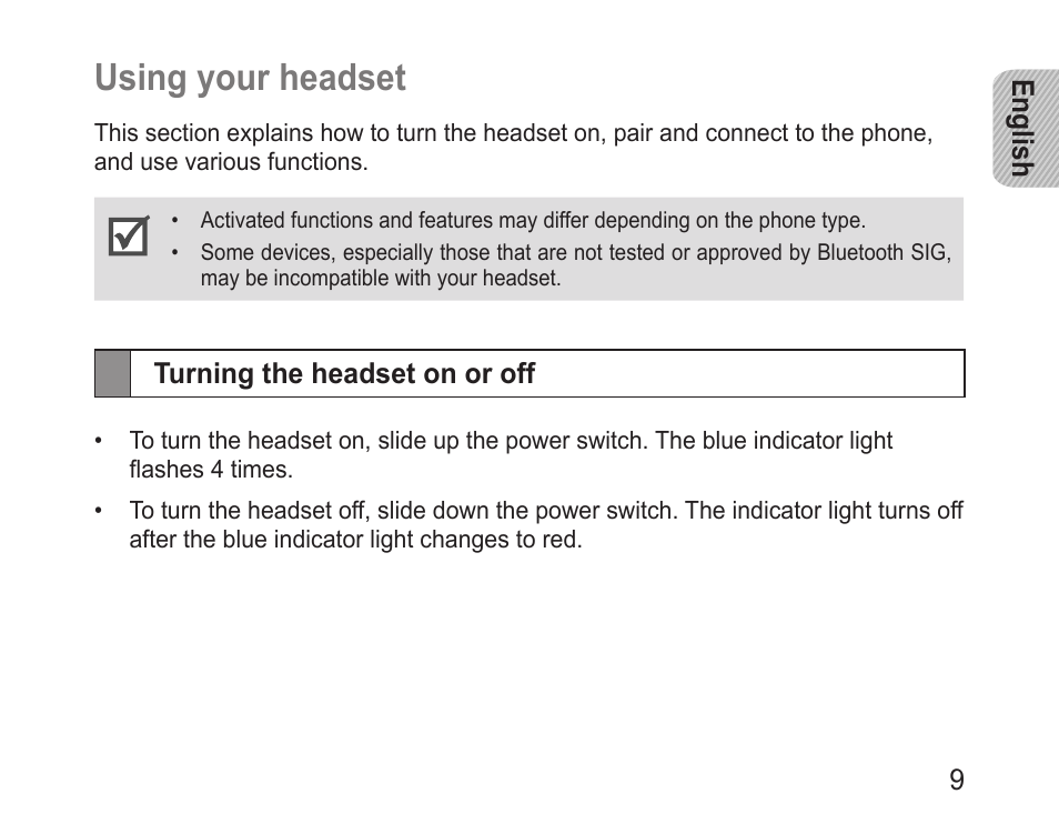 Using your headset, Turning the headset on or off | Samsung BHM1000 User Manual | Page 11 / 158