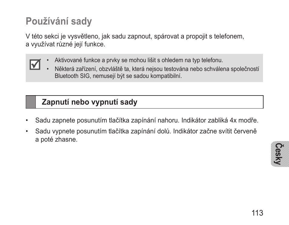 Používání sady, Zapnutí nebo vypnutí sady, Česky | Samsung BHM1000 User Manual | Page 115 / 158