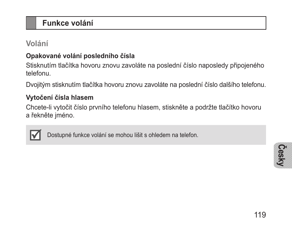 Funkce volání, Česky | Samsung BHM1000 User Manual | Page 121 / 158