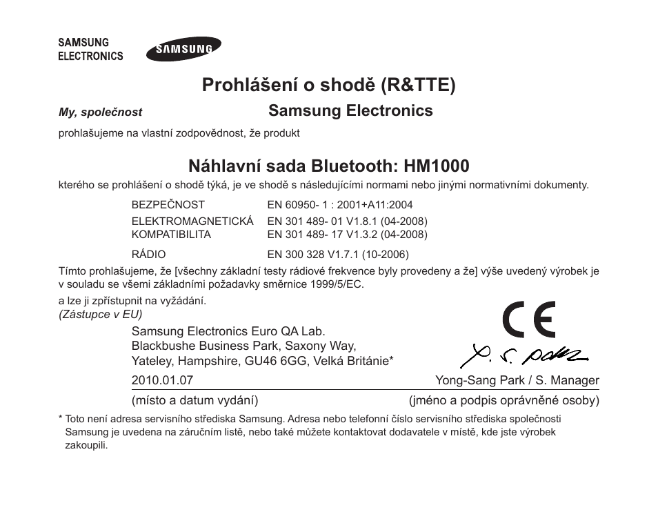 Prohlášení o shodě (r&tte), Náhlavní sada bluetooth: hm1000, Samsung electronics | Samsung BHM1000 User Manual | Page 131 / 158