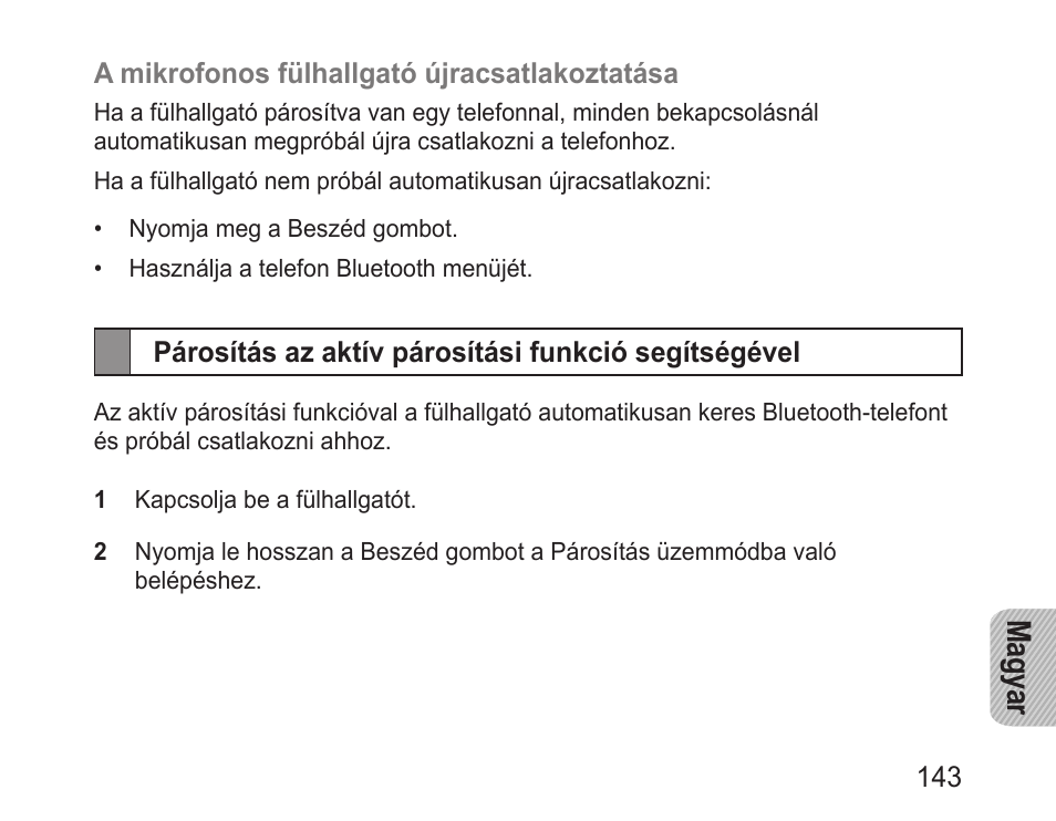 Párosítás az aktív párosítási funkció segítségével, Magyar | Samsung BHM1000 User Manual | Page 145 / 158