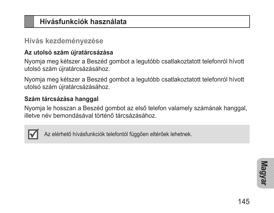 Hívásfunkciók használata, Magyar | Samsung BHM1000 User Manual | Page 147 / 158
