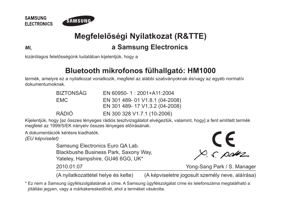 Megfelelőségi nyilatkozat (r&tte), Bluetooth mikrofonos fülhallgató: hm1000, A samsung electronics | Samsung BHM1000 User Manual | Page 157 / 158