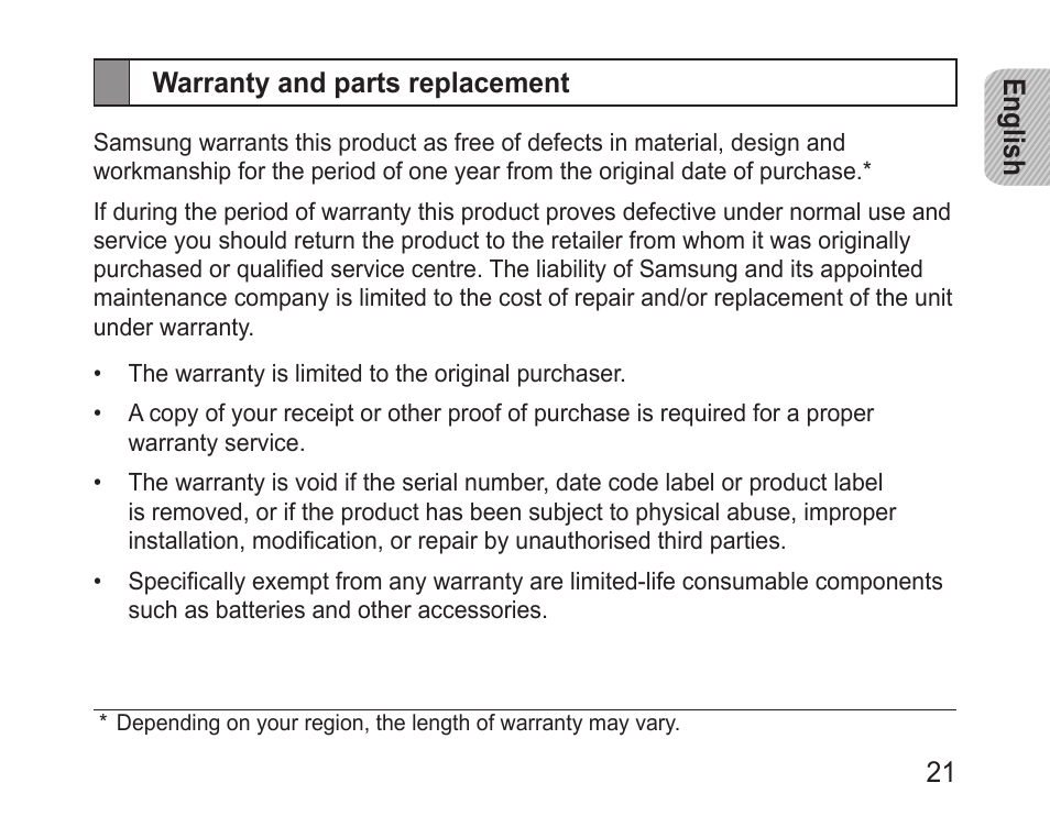 Warranty and parts replacement | Samsung BHM1000 User Manual | Page 23 / 158