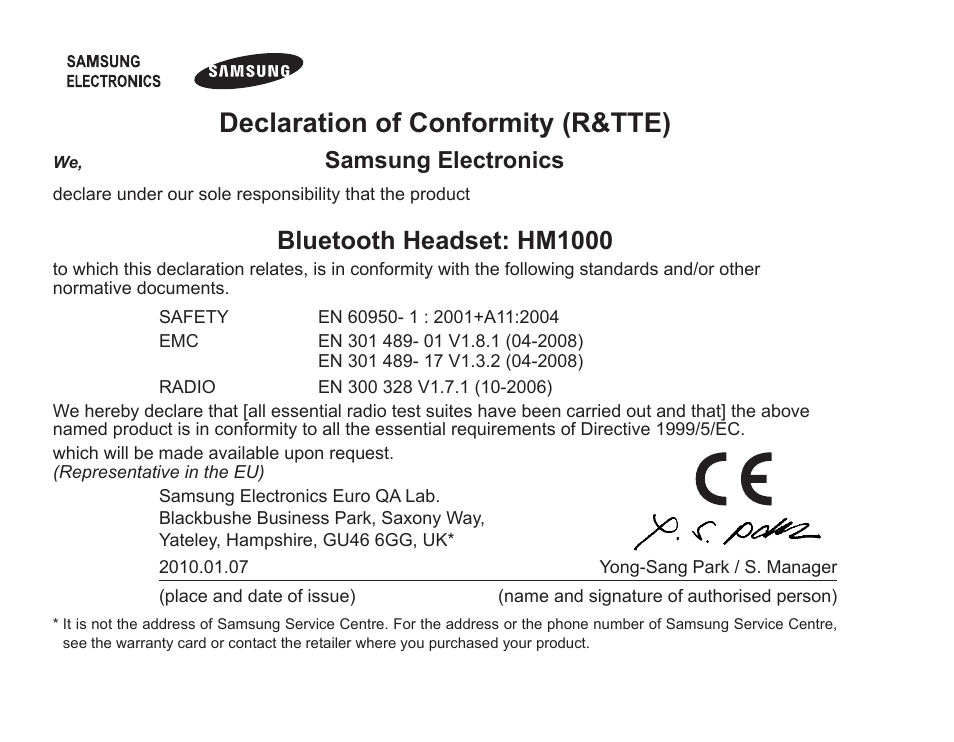 Declaration of conformity (r&tte), Bluetooth headset: hm1000, Samsung electronics | Samsung BHM1000 User Manual | Page 27 / 158