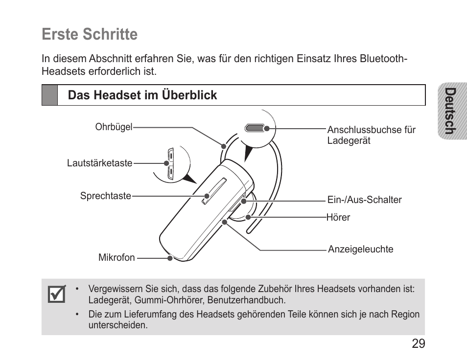 Erste schritte, Das headset im überblick, Deutsch | Samsung BHM1000 User Manual | Page 31 / 158