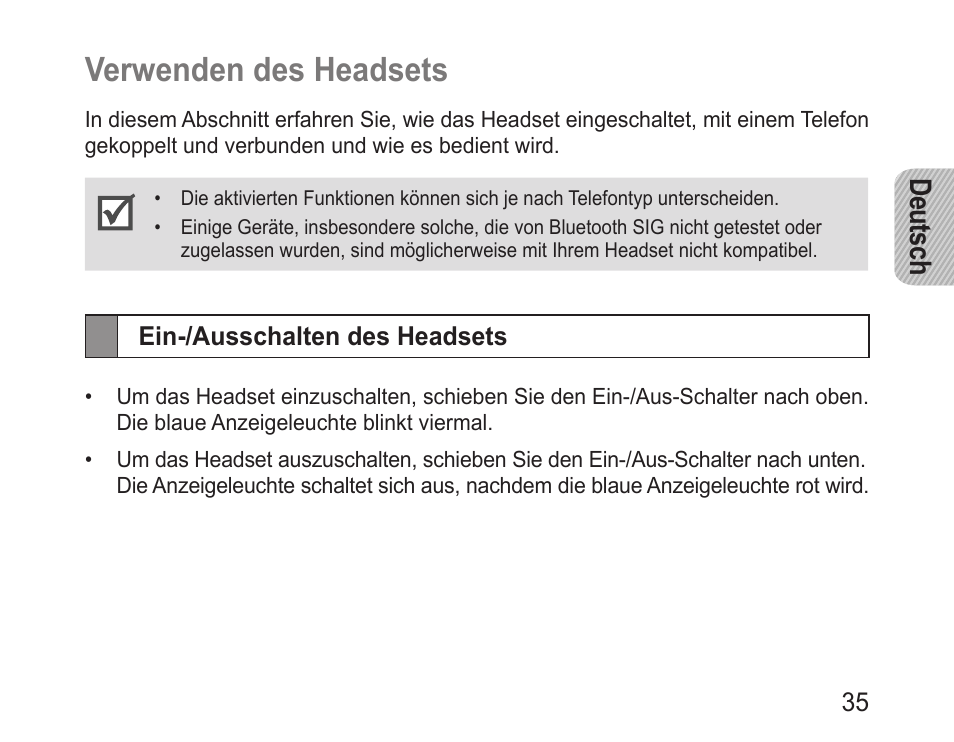 Verwenden des headsets, Ein-/ausschalten des headsets, Deutsch | Samsung BHM1000 User Manual | Page 37 / 158