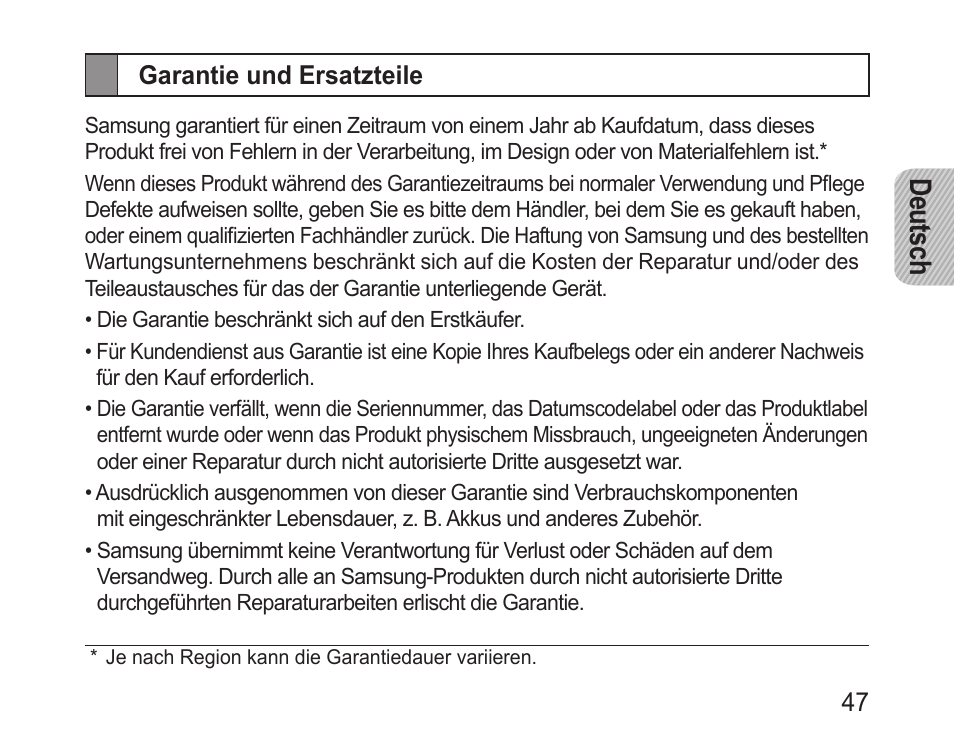 Garantie und ersatzteile, Deutsch | Samsung BHM1000 User Manual | Page 49 / 158