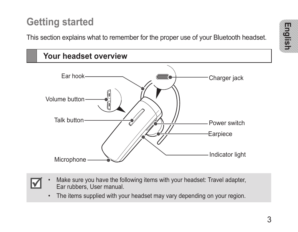 Getting started, Your headset overview | Samsung BHM1000 User Manual | Page 5 / 158