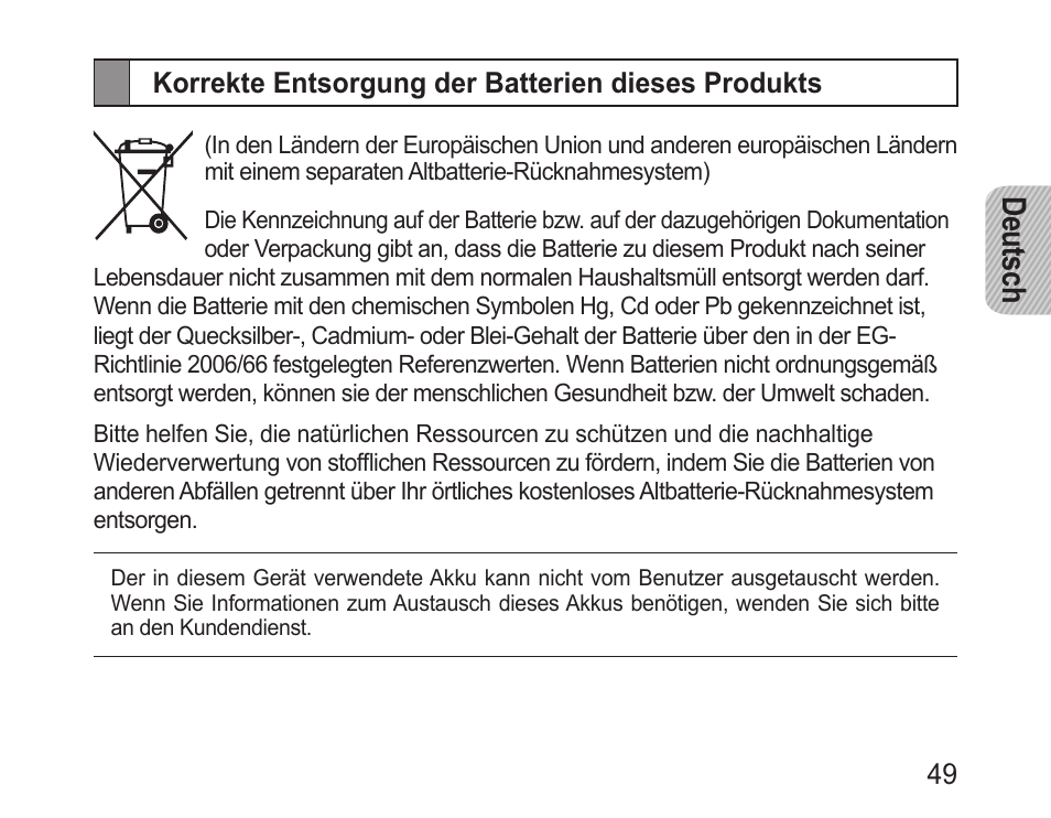 Korrekte entsorgung der batterien dieses produkts, Deutsch | Samsung BHM1000 User Manual | Page 51 / 158