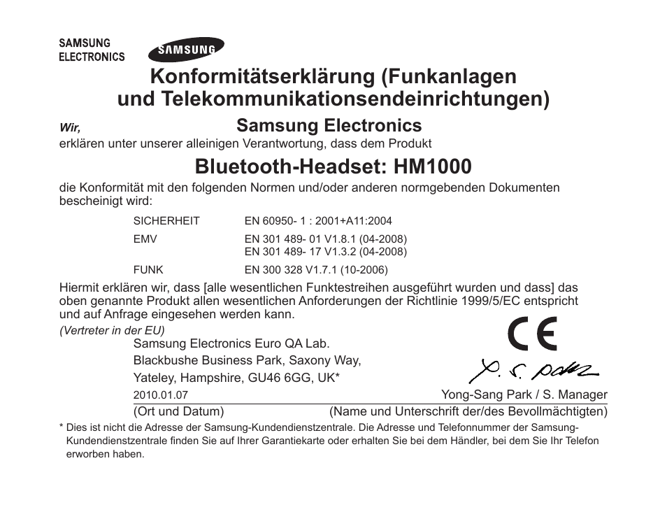 Bluetooth-headset: hm1000, Samsung electronics | Samsung BHM1000 User Manual | Page 53 / 158