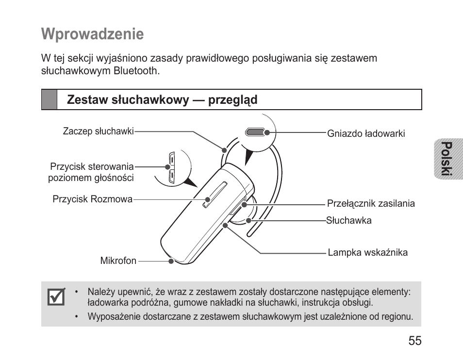 Wprowadzenie, Zestaw słuchawkowy — przegląd, Polski | Samsung BHM1000 User Manual | Page 57 / 158