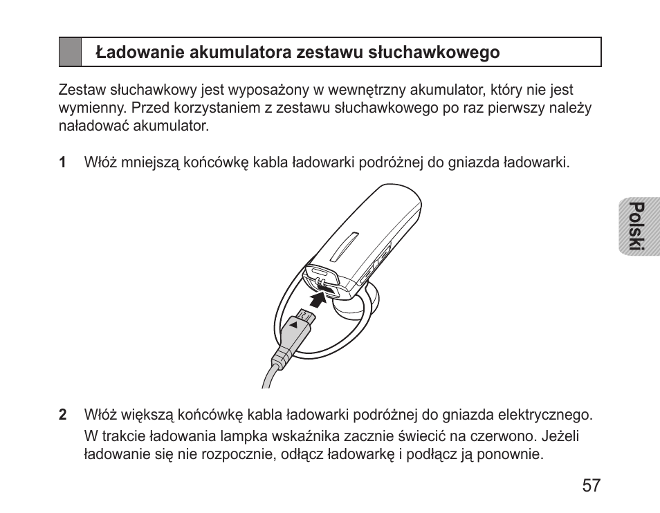 Ładowanie akumulatora zestawu słuchawkowego, Polski | Samsung BHM1000 User Manual | Page 59 / 158