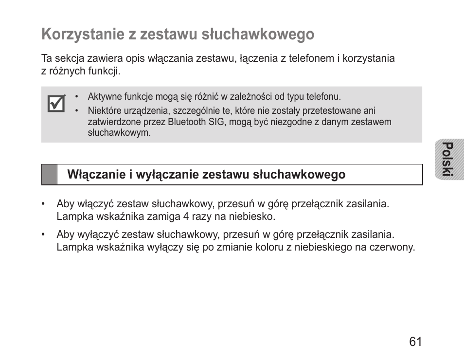 Korzystanie z zestawu słuchawkowego, Włączanie i wyłączanie zestawu słuchawkowego, Polski | Samsung BHM1000 User Manual | Page 63 / 158