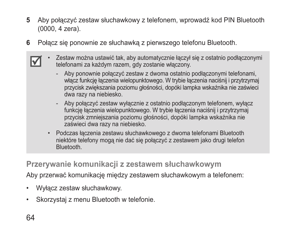Przerywanie komunikacji z zestawem słuchawkowym | Samsung BHM1000 User Manual | Page 66 / 158