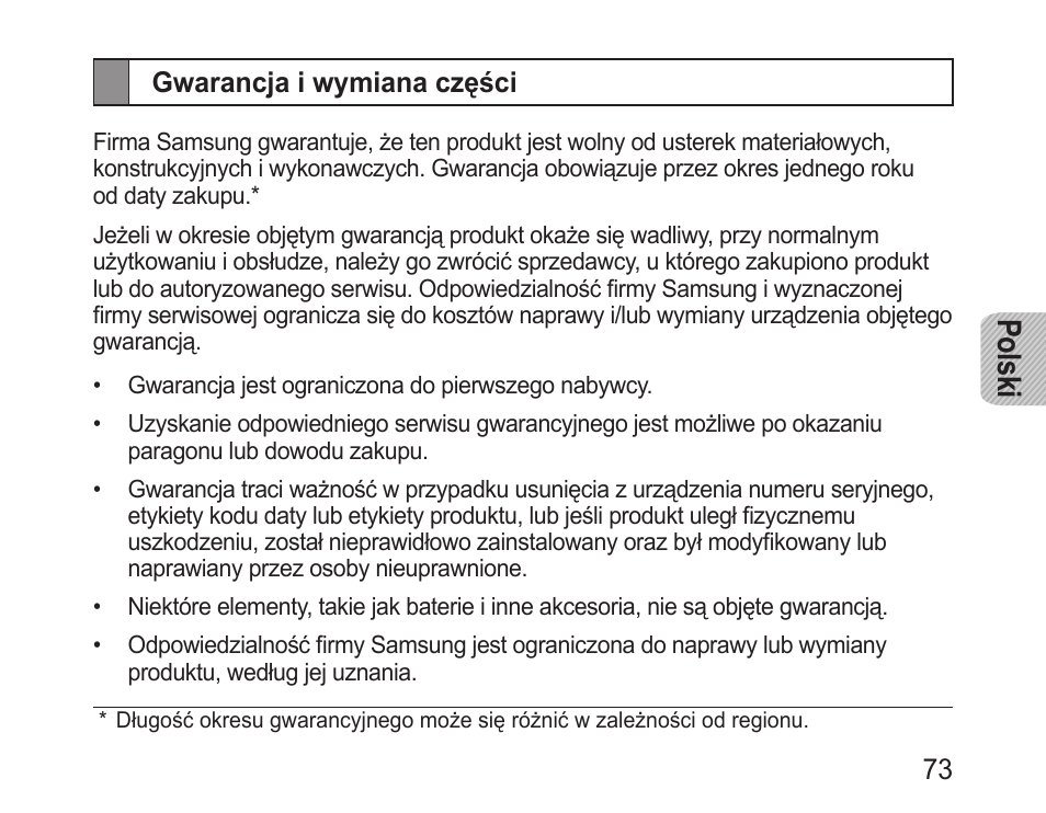 Gwarancja i wymiana części, Polski | Samsung BHM1000 User Manual | Page 75 / 158