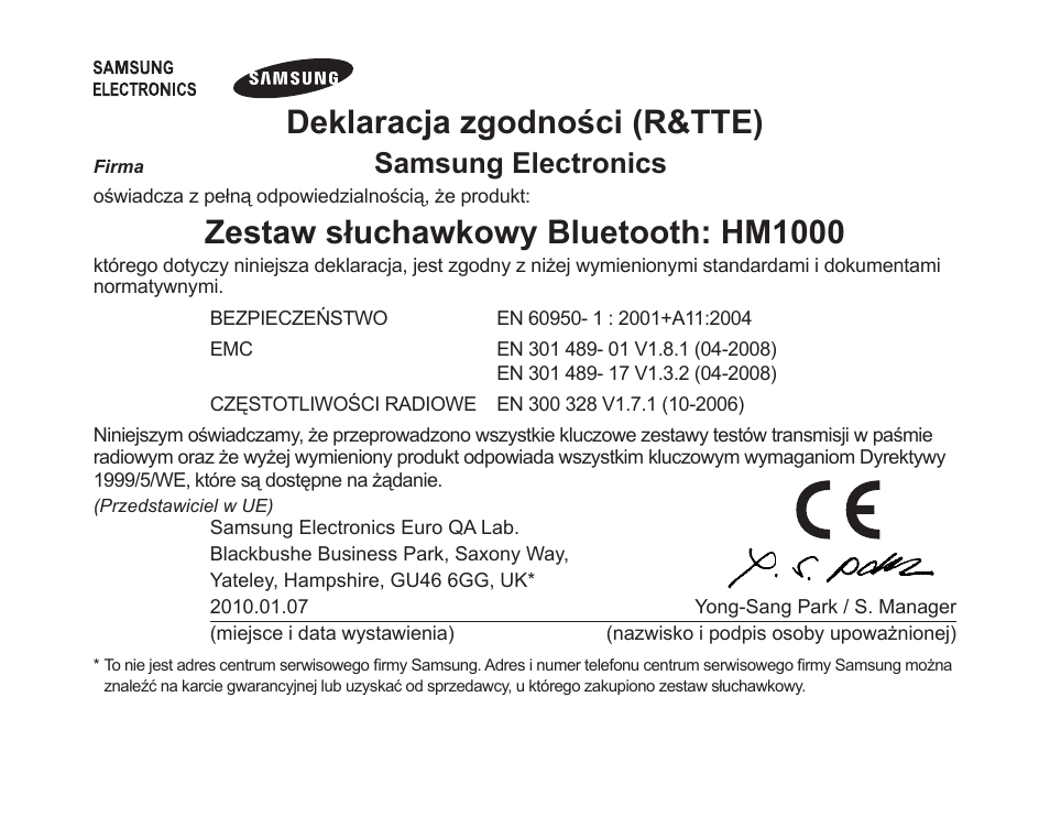 Deklaracja zgodności (r&tte), Zestaw słuchawkowy bluetooth: hm1000, Samsung electronics | Samsung BHM1000 User Manual | Page 80 / 158