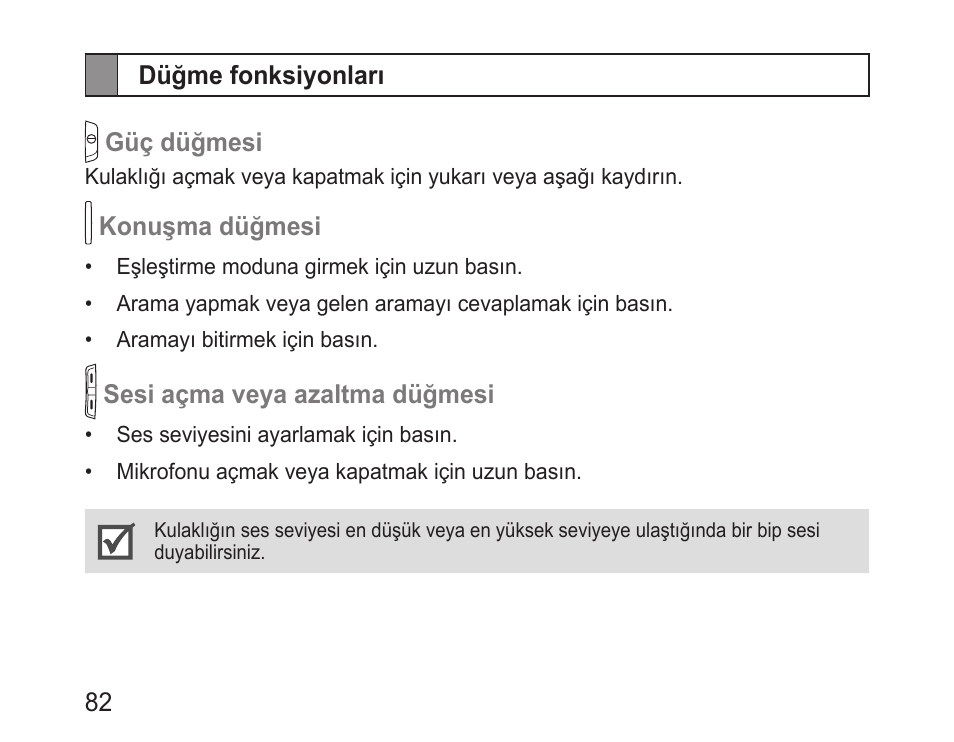 Düğme fonksiyonları | Samsung BHM1000 User Manual | Page 84 / 158