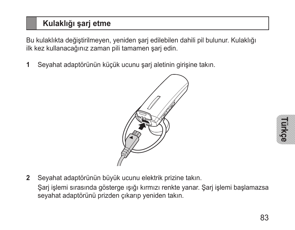 Kulaklığı şarj etme, Türkçe | Samsung BHM1000 User Manual | Page 85 / 158