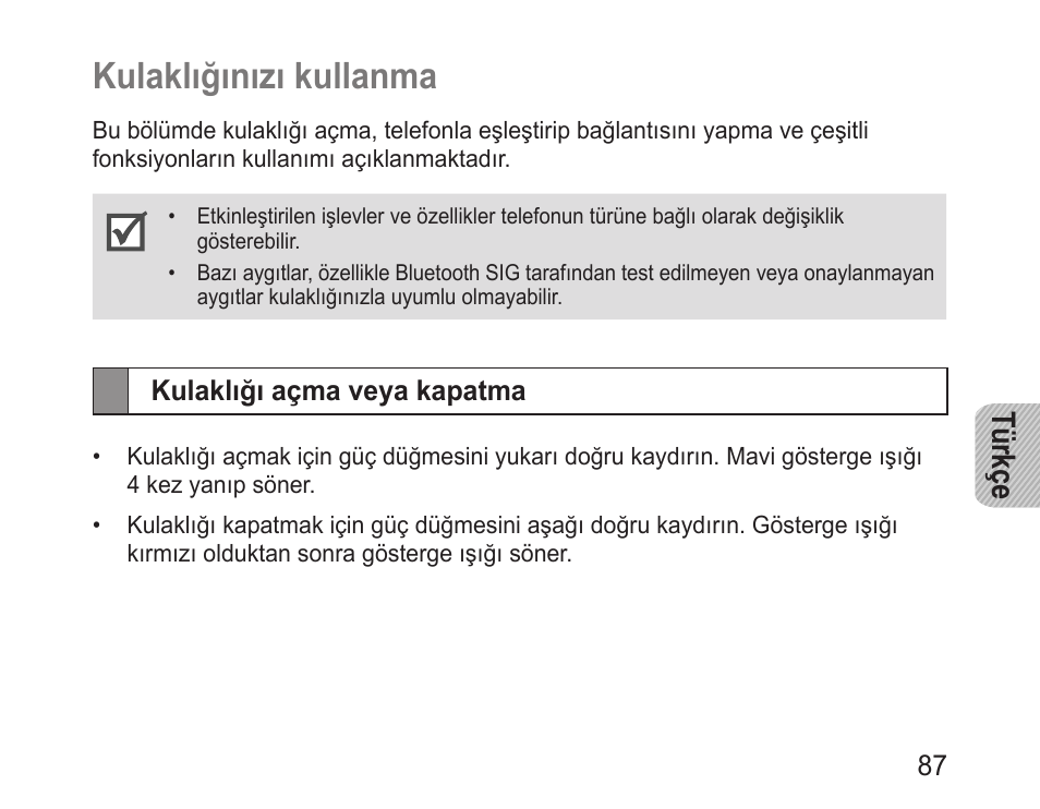 Kulaklığınızı kullanma, Kulaklığı açma veya kapatma, Türkçe | Samsung BHM1000 User Manual | Page 89 / 158