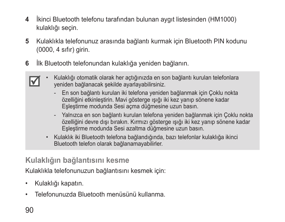 Kulaklığın bağlantısını kesme | Samsung BHM1000 User Manual | Page 92 / 158