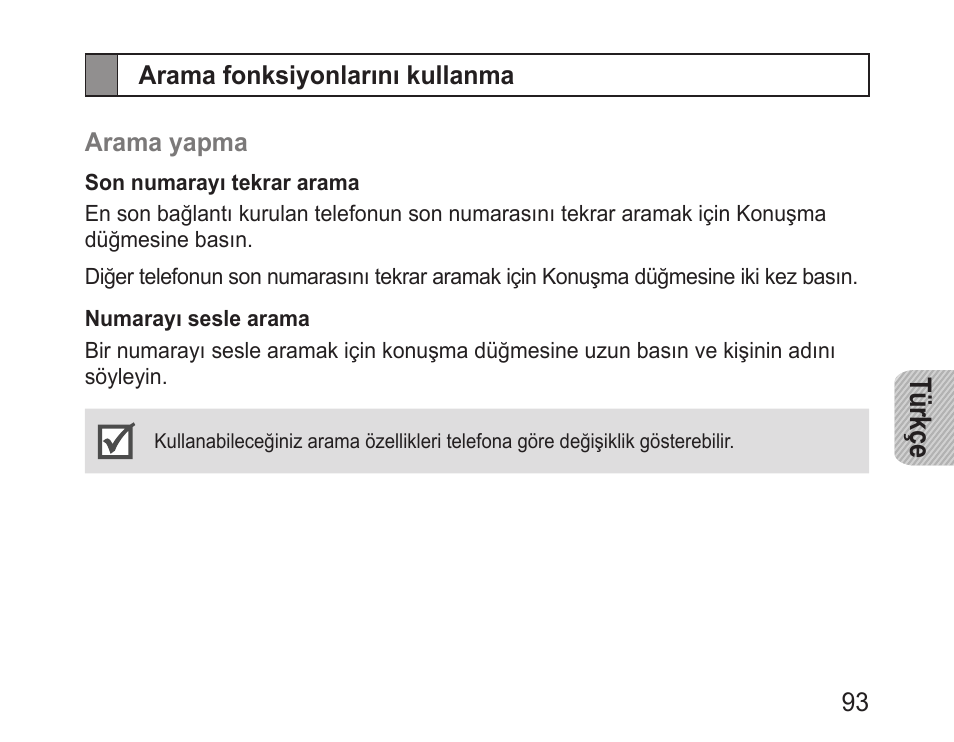 Arama fonksiyonlarını kullanma, Türkçe | Samsung BHM1000 User Manual | Page 95 / 158