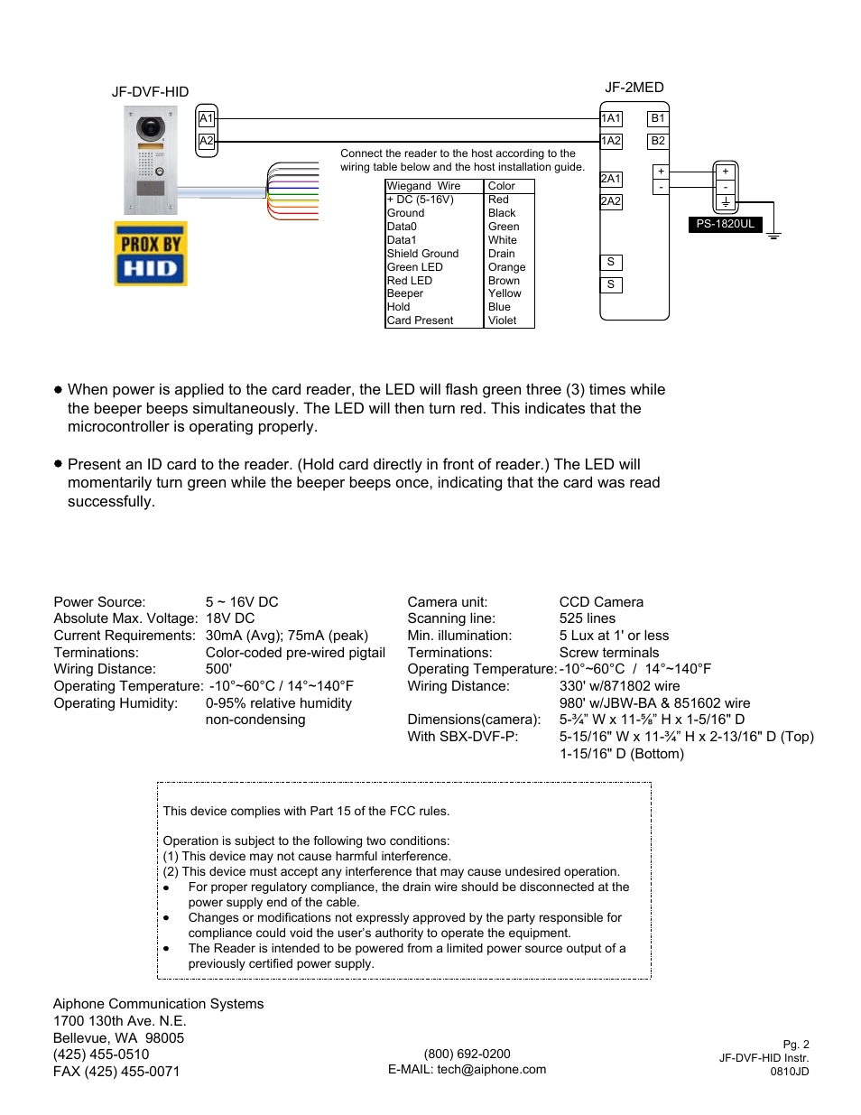 Wiring diagram: testing and operation, Specifications | Aiphone JF-DVF-HID User Manual | Page 2 / 2