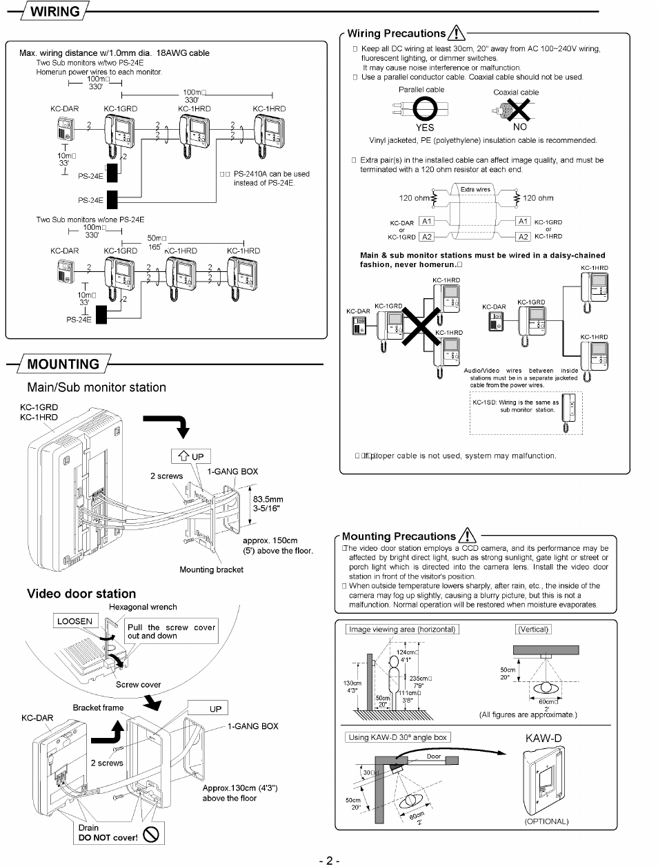 Video door station, Wiring, Mounting | Main/sub monitor station | Aiphone KC-1GRD User Manual | Page 2 / 4