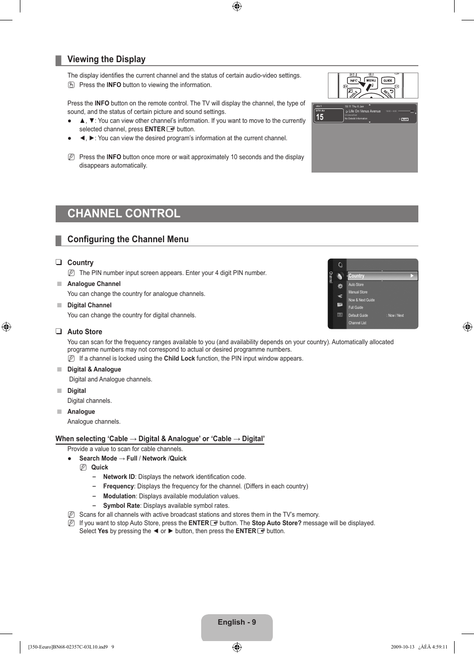 Viewing the display, Channel control, Configuring the channel menu | Samsung LE22B350F2W User Manual | Page 11 / 348