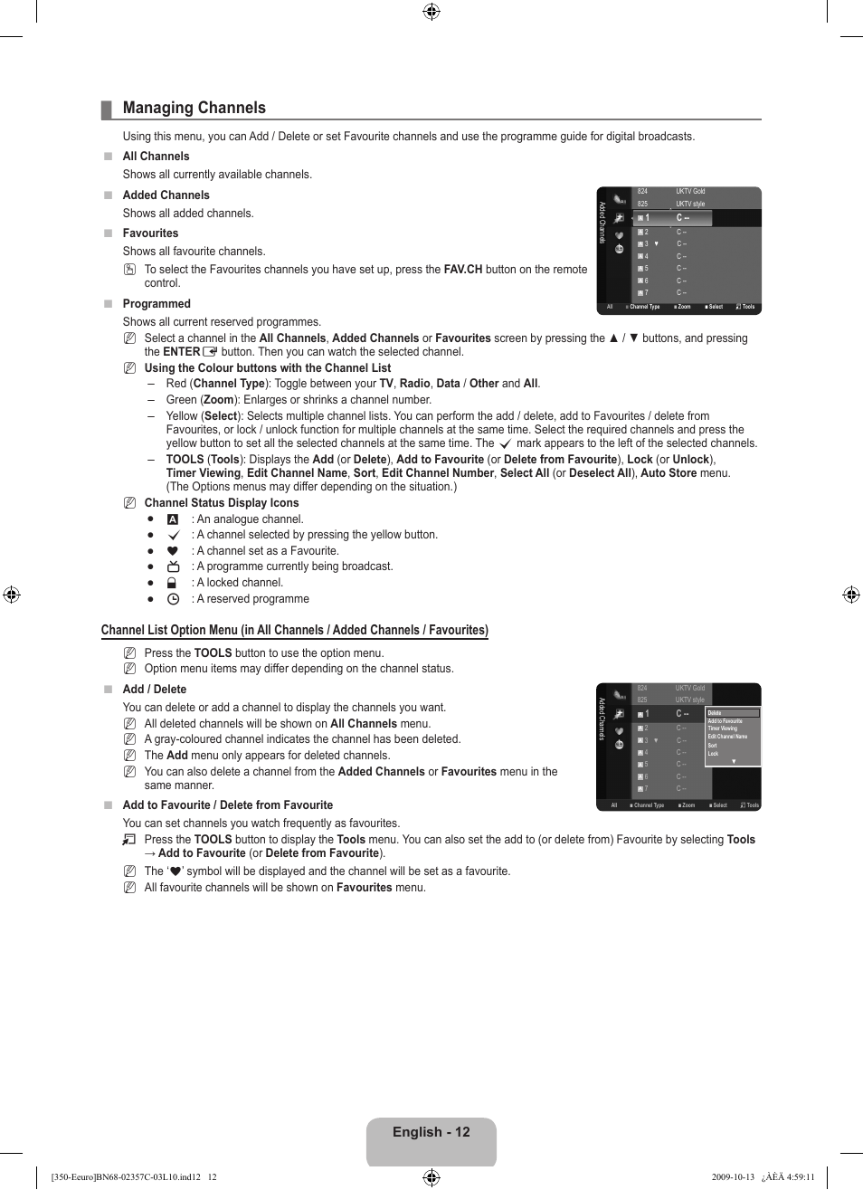 Managing channels, English - 12 | Samsung LE22B350F2W User Manual | Page 14 / 348