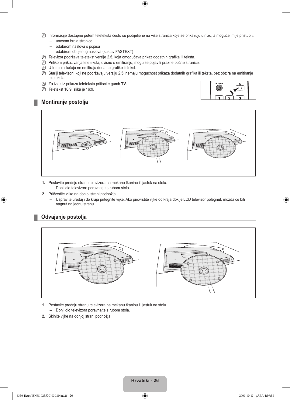 Montiranje postolja, Odvajanje postolja | Samsung LE22B350F2W User Manual | Page 198 / 348