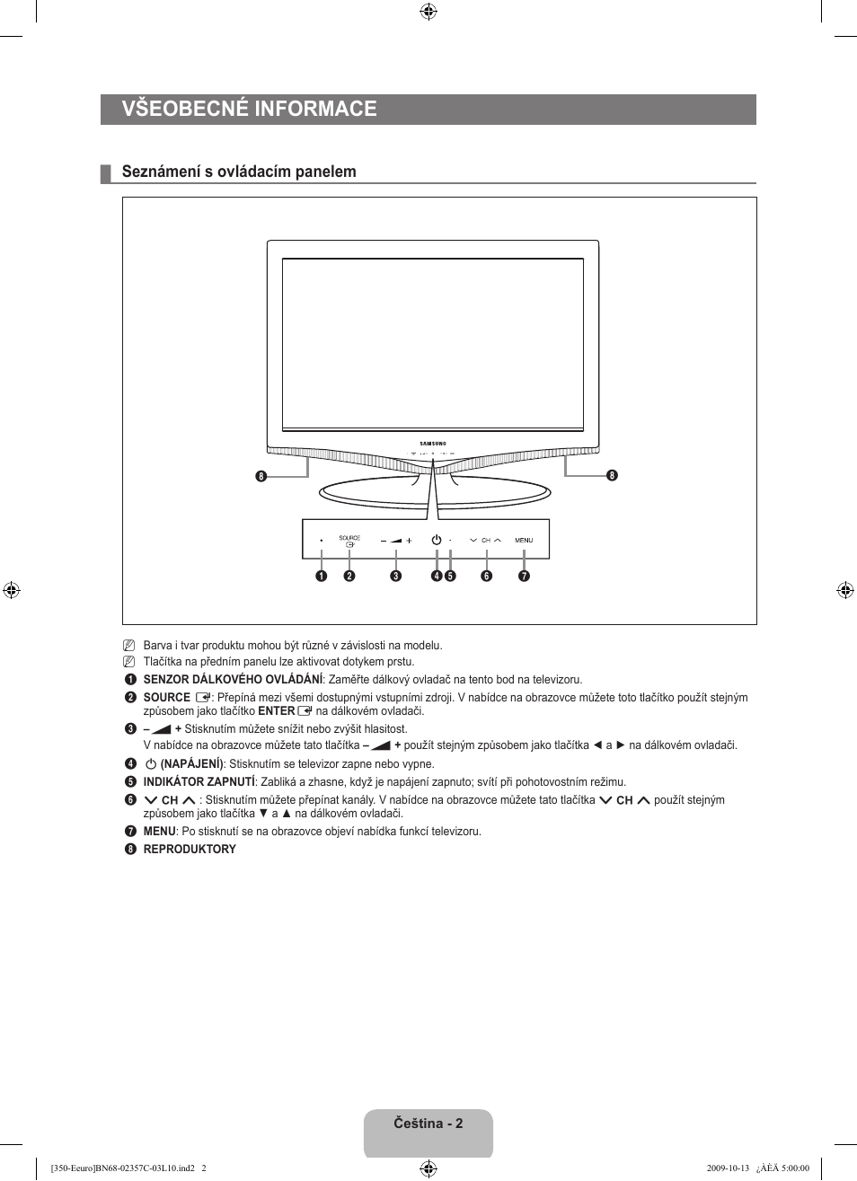 Všeobecné informace, Seznámení s ovládacím panelem | Samsung LE22B350F2W User Manual | Page 208 / 348